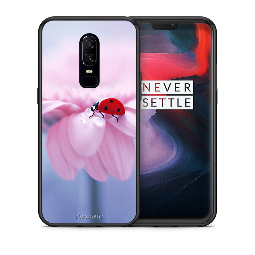 Θήκη OnePlus 6 Ladybug Flower από τη Smartfits με σχέδιο στο πίσω μέρος και μαύρο περίβλημα | OnePlus 6 Ladybug Flower case with colorful back and black bezels