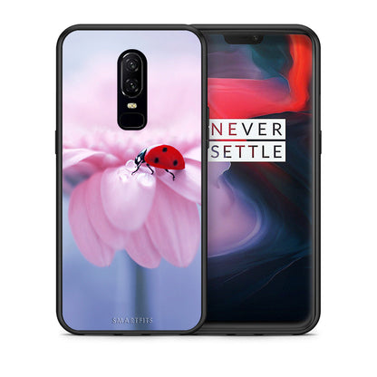 Θήκη OnePlus 6 Ladybug Flower από τη Smartfits με σχέδιο στο πίσω μέρος και μαύρο περίβλημα | OnePlus 6 Ladybug Flower case with colorful back and black bezels