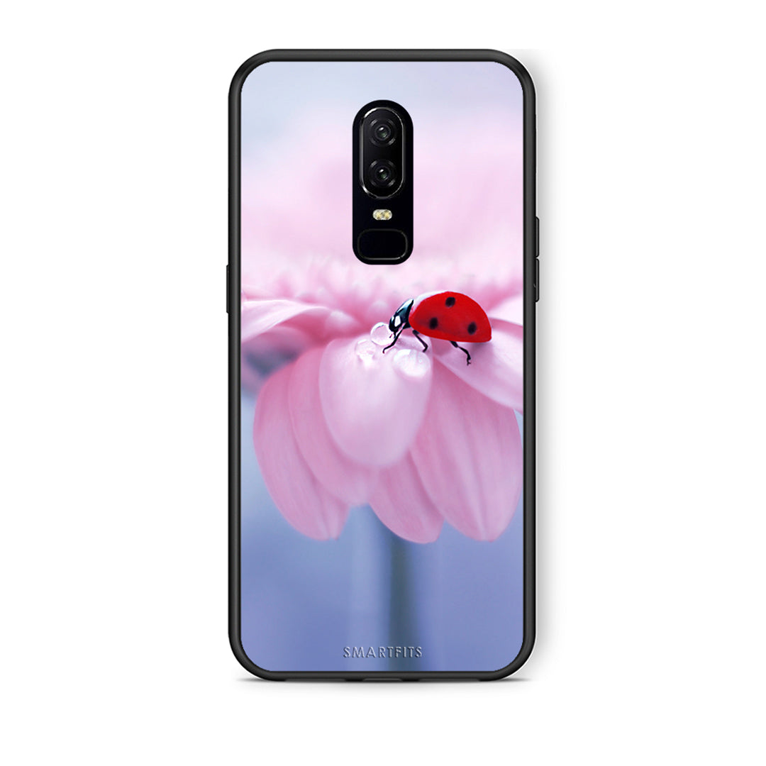 OnePlus 6 Ladybug Flower θήκη από τη Smartfits με σχέδιο στο πίσω μέρος και μαύρο περίβλημα | Smartphone case with colorful back and black bezels by Smartfits