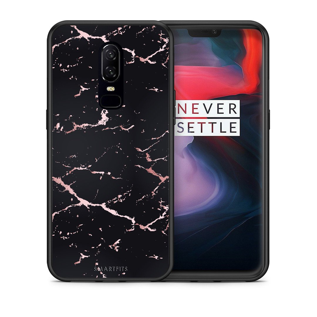 Θήκη OnePlus 6 Black Rosegold Marble από τη Smartfits με σχέδιο στο πίσω μέρος και μαύρο περίβλημα | OnePlus 6 Black Rosegold Marble case with colorful back and black bezels