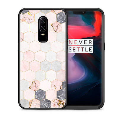 Θήκη OnePlus 6 Hexagon Pink Marble από τη Smartfits με σχέδιο στο πίσω μέρος και μαύρο περίβλημα | OnePlus 6 Hexagon Pink Marble case with colorful back and black bezels