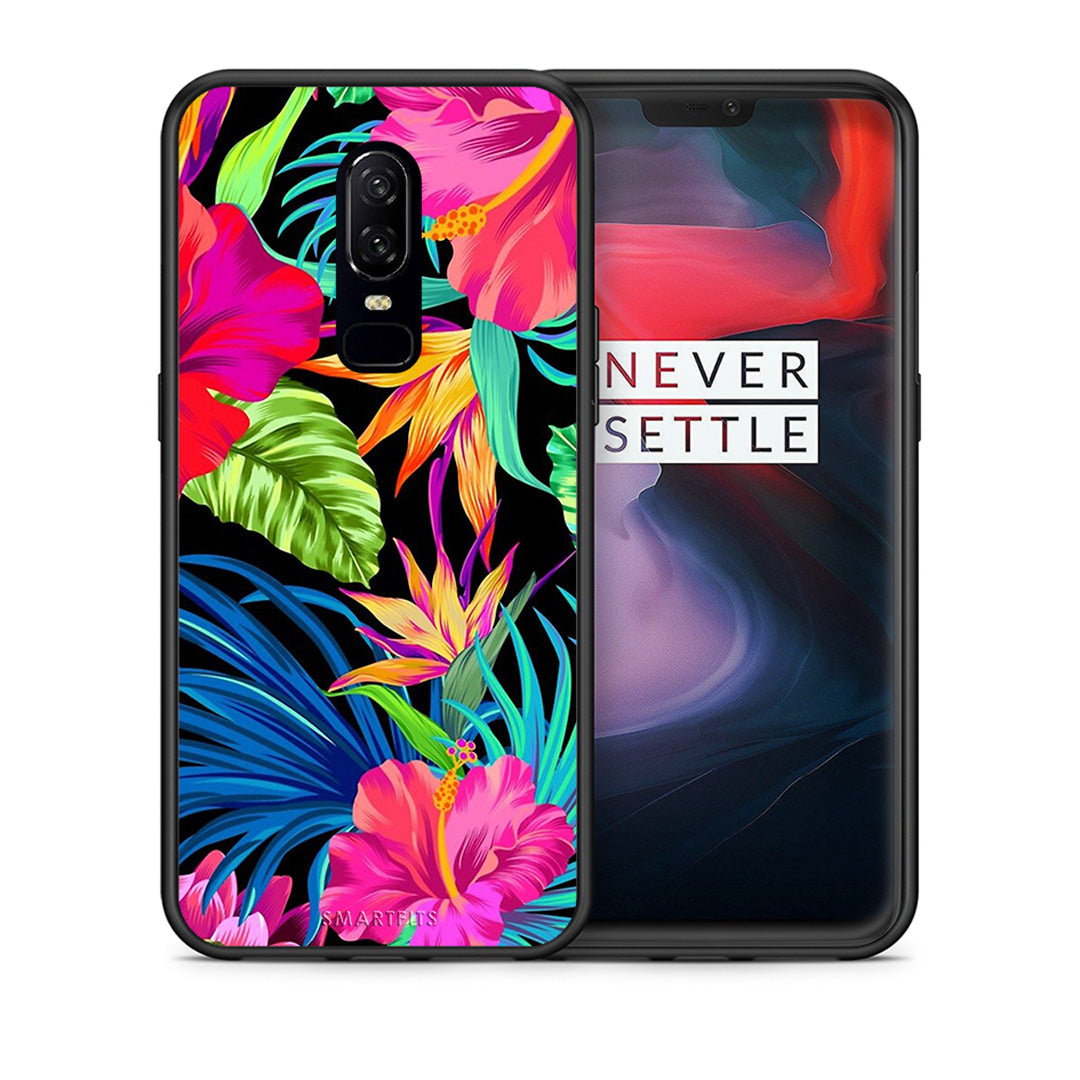 Θήκη OnePlus 6 Tropical Flowers από τη Smartfits με σχέδιο στο πίσω μέρος και μαύρο περίβλημα | OnePlus 6 Tropical Flowers case with colorful back and black bezels