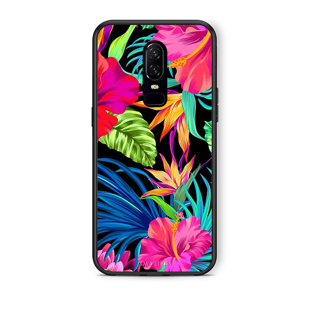 OnePlus 6 Tropical Flowers θήκη από τη Smartfits με σχέδιο στο πίσω μέρος και μαύρο περίβλημα | Smartphone case with colorful back and black bezels by Smartfits