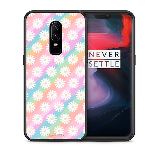 Θήκη OnePlus 6 White Daisies από τη Smartfits με σχέδιο στο πίσω μέρος και μαύρο περίβλημα | OnePlus 6 White Daisies case with colorful back and black bezels