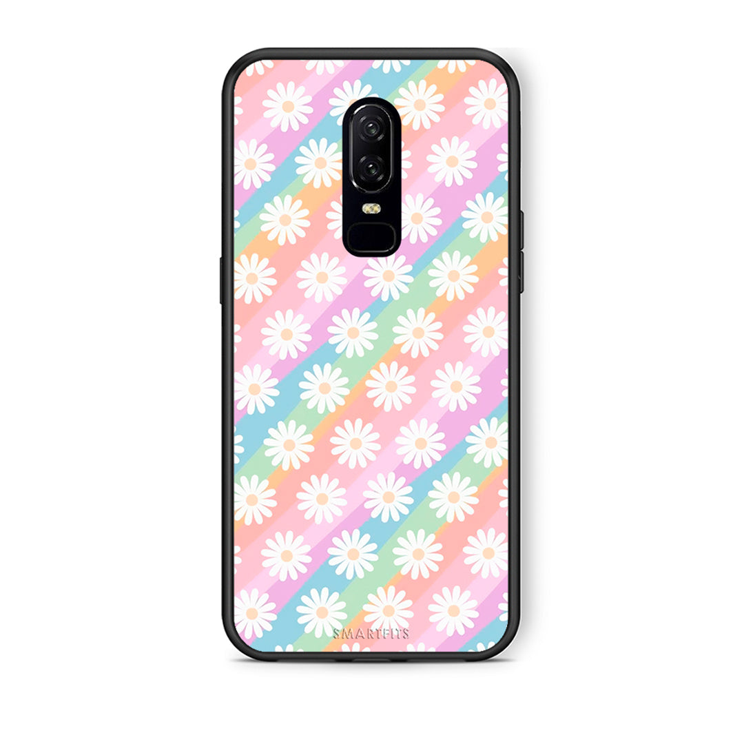 OnePlus 6 White Daisies θήκη από τη Smartfits με σχέδιο στο πίσω μέρος και μαύρο περίβλημα | Smartphone case with colorful back and black bezels by Smartfits