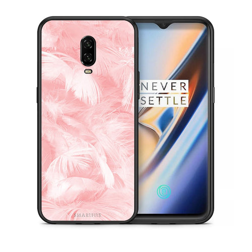 Θήκη OnePlus 6T Pink Feather Boho από τη Smartfits με σχέδιο στο πίσω μέρος και μαύρο περίβλημα | OnePlus 6T Pink Feather Boho case with colorful back and black bezels
