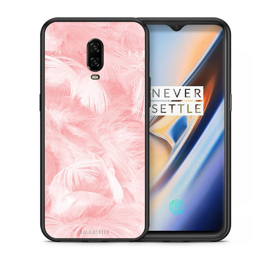 Θήκη OnePlus 6T Pink Feather Boho από τη Smartfits με σχέδιο στο πίσω μέρος και μαύρο περίβλημα | OnePlus 6T Pink Feather Boho case with colorful back and black bezels