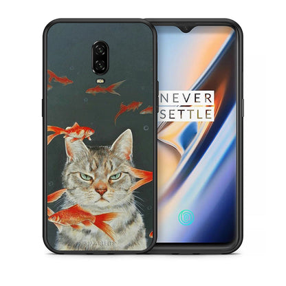 Θήκη OnePlus 6T Cat Goldfish από τη Smartfits με σχέδιο στο πίσω μέρος και μαύρο περίβλημα | OnePlus 6T Cat Goldfish case with colorful back and black bezels