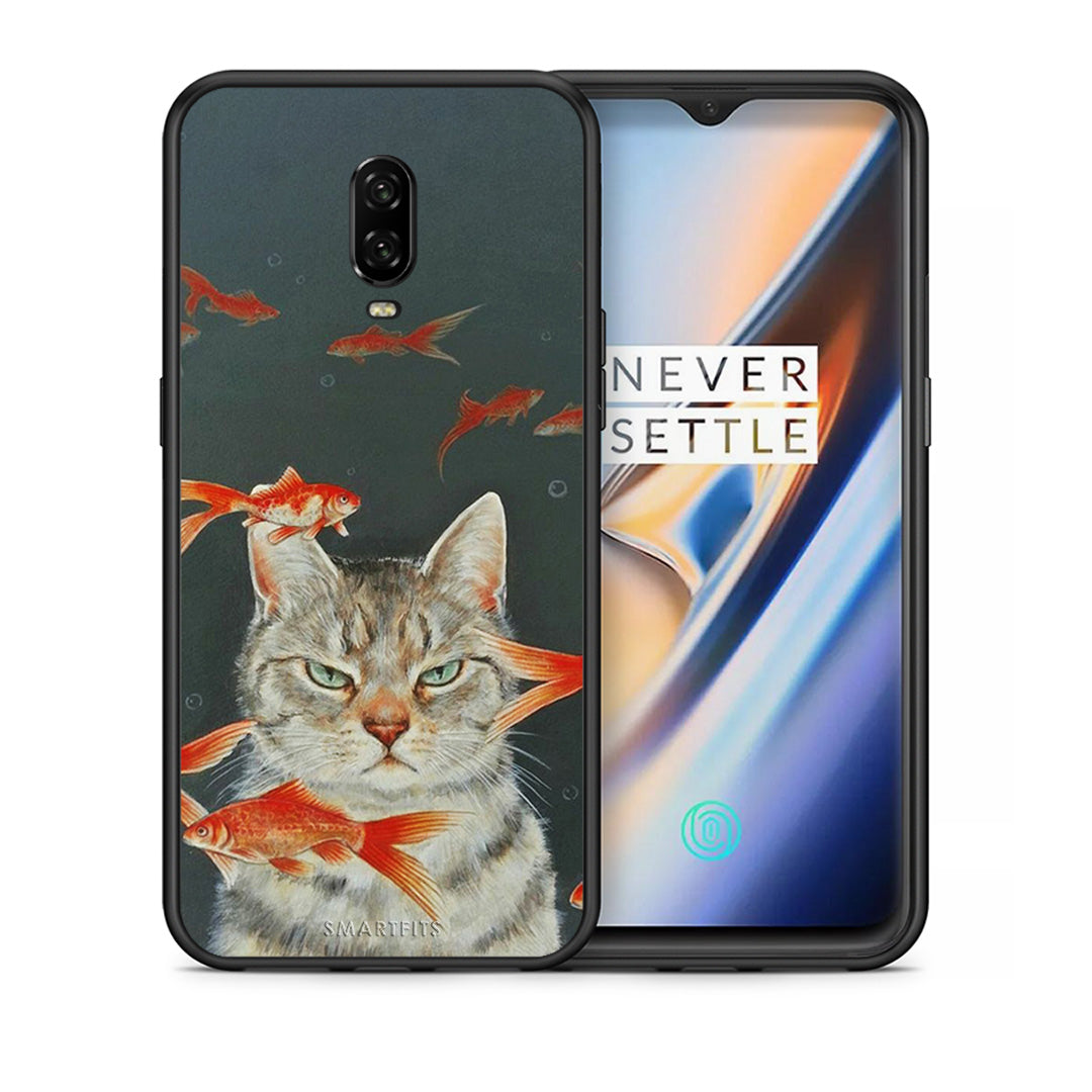 Θήκη OnePlus 6T Cat Goldfish από τη Smartfits με σχέδιο στο πίσω μέρος και μαύρο περίβλημα | OnePlus 6T Cat Goldfish case with colorful back and black bezels