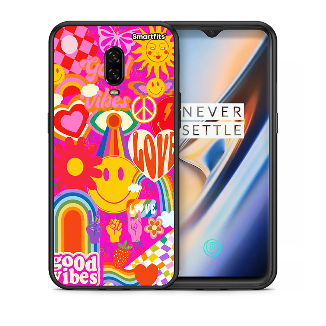 Θήκη OnePlus 6T Hippie Love από τη Smartfits με σχέδιο στο πίσω μέρος και μαύρο περίβλημα | OnePlus 6T Hippie Love case with colorful back and black bezels