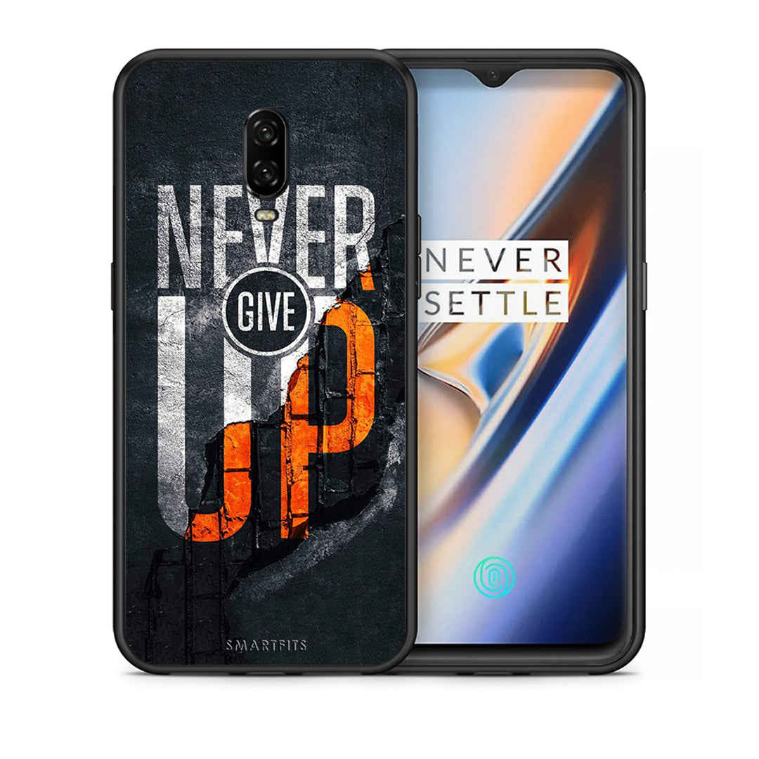 Θήκη Αγίου Βαλεντίνου OnePlus 6T Never Give Up από τη Smartfits με σχέδιο στο πίσω μέρος και μαύρο περίβλημα | OnePlus 6T Never Give Up case with colorful back and black bezels