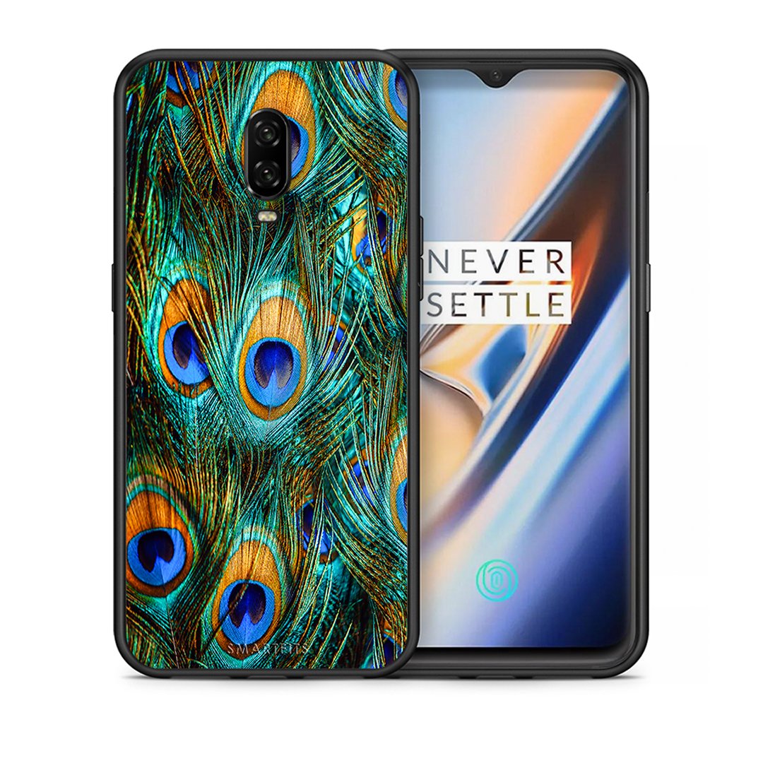 Θήκη OnePlus 6T Real Peacock Feathers από τη Smartfits με σχέδιο στο πίσω μέρος και μαύρο περίβλημα | OnePlus 6T Real Peacock Feathers case with colorful back and black bezels