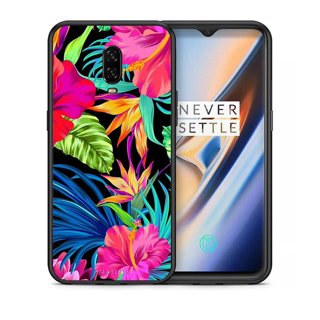 Θήκη OnePlus 6T Tropical Flowers από τη Smartfits με σχέδιο στο πίσω μέρος και μαύρο περίβλημα | OnePlus 6T Tropical Flowers case with colorful back and black bezels