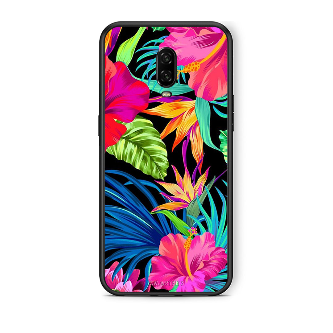 OnePlus 6T Tropical Flowers θήκη από τη Smartfits με σχέδιο στο πίσω μέρος και μαύρο περίβλημα | Smartphone case with colorful back and black bezels by Smartfits