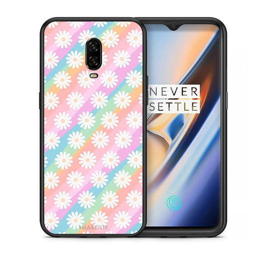 Θήκη OnePlus 6T White Daisies από τη Smartfits με σχέδιο στο πίσω μέρος και μαύρο περίβλημα | OnePlus 6T White Daisies case with colorful back and black bezels