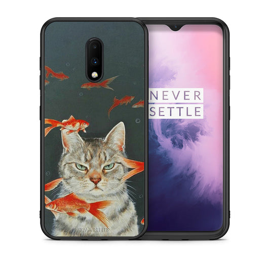 Θήκη OnePlus 7 Cat Goldfish από τη Smartfits με σχέδιο στο πίσω μέρος και μαύρο περίβλημα | OnePlus 7 Cat Goldfish case with colorful back and black bezels