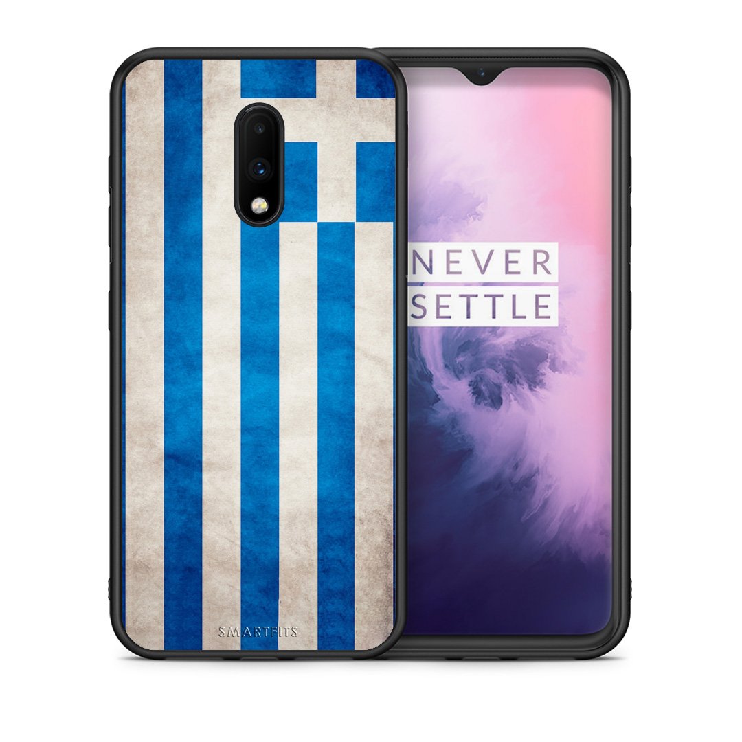 Θήκη OnePlus 7 Greek Flag από τη Smartfits με σχέδιο στο πίσω μέρος και μαύρο περίβλημα | OnePlus 7 Greek Flag case with colorful back and black bezels