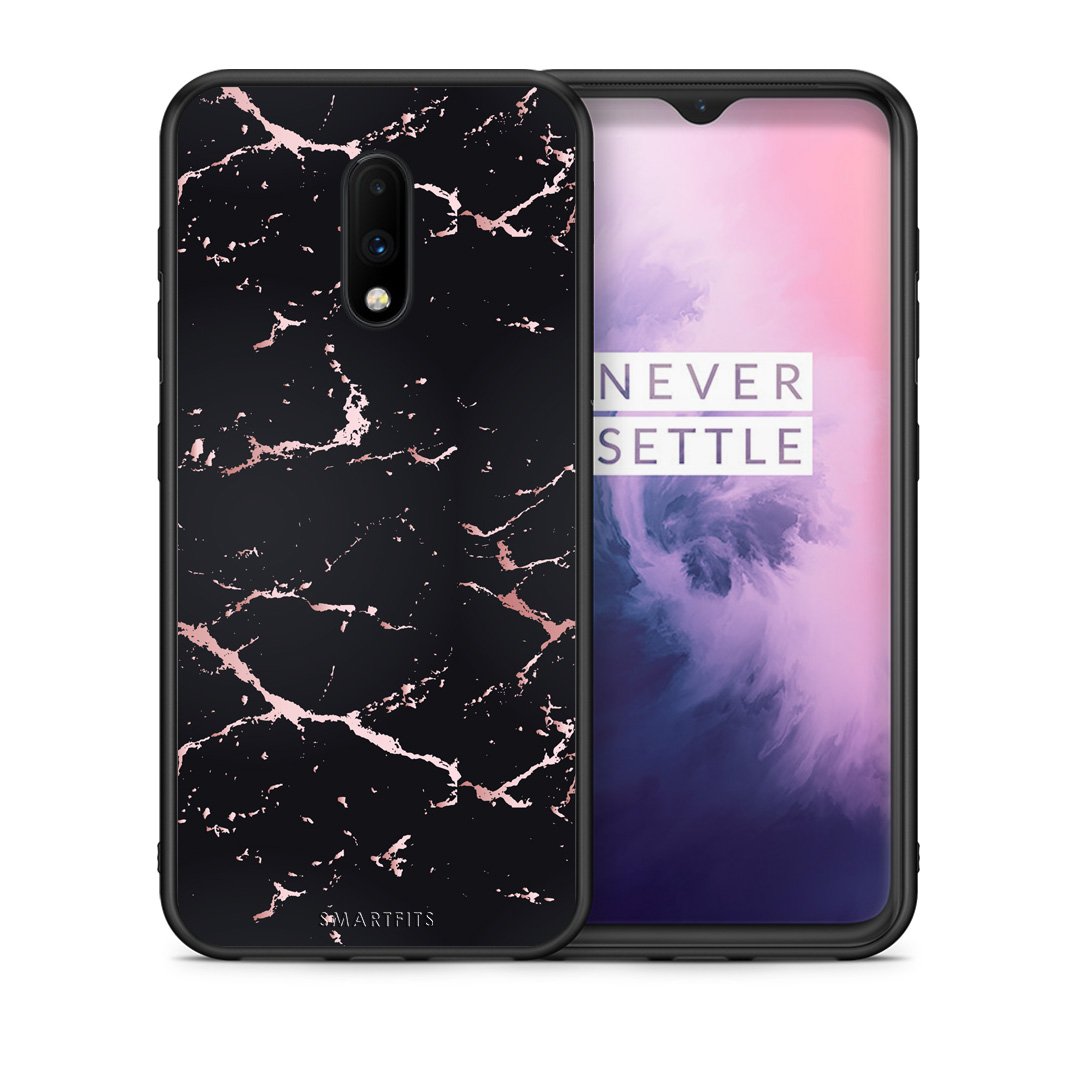 Θήκη OnePlus 7 Black Rosegold Marble από τη Smartfits με σχέδιο στο πίσω μέρος και μαύρο περίβλημα | OnePlus 7 Black Rosegold Marble case with colorful back and black bezels
