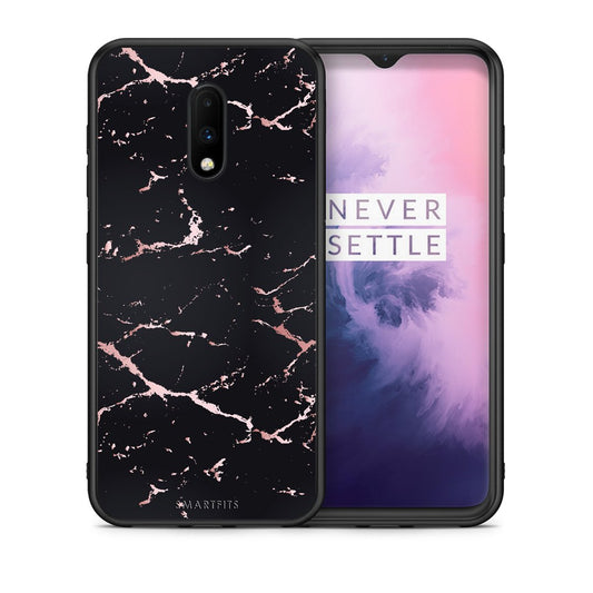 Θήκη OnePlus 7 Black Rosegold Marble από τη Smartfits με σχέδιο στο πίσω μέρος και μαύρο περίβλημα | OnePlus 7 Black Rosegold Marble case with colorful back and black bezels