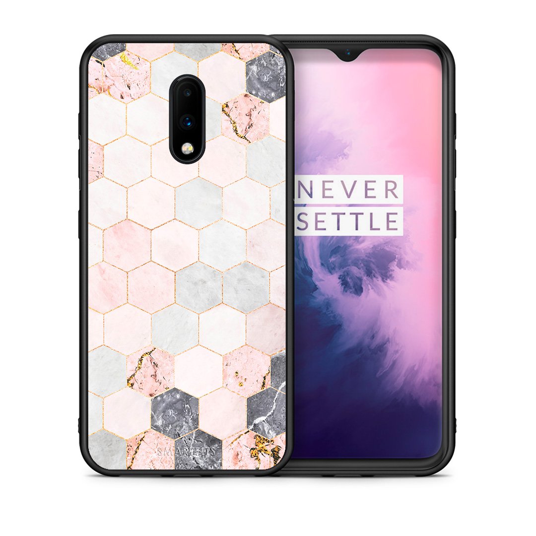 Θήκη OnePlus 7 Hexagon Pink Marble από τη Smartfits με σχέδιο στο πίσω μέρος και μαύρο περίβλημα | OnePlus 7 Hexagon Pink Marble case with colorful back and black bezels