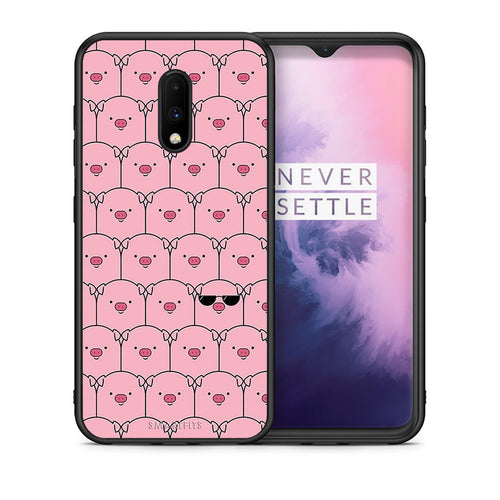 Θήκη OnePlus 7 Pig Glasses από τη Smartfits με σχέδιο στο πίσω μέρος και μαύρο περίβλημα | OnePlus 7 Pig Glasses case with colorful back and black bezels