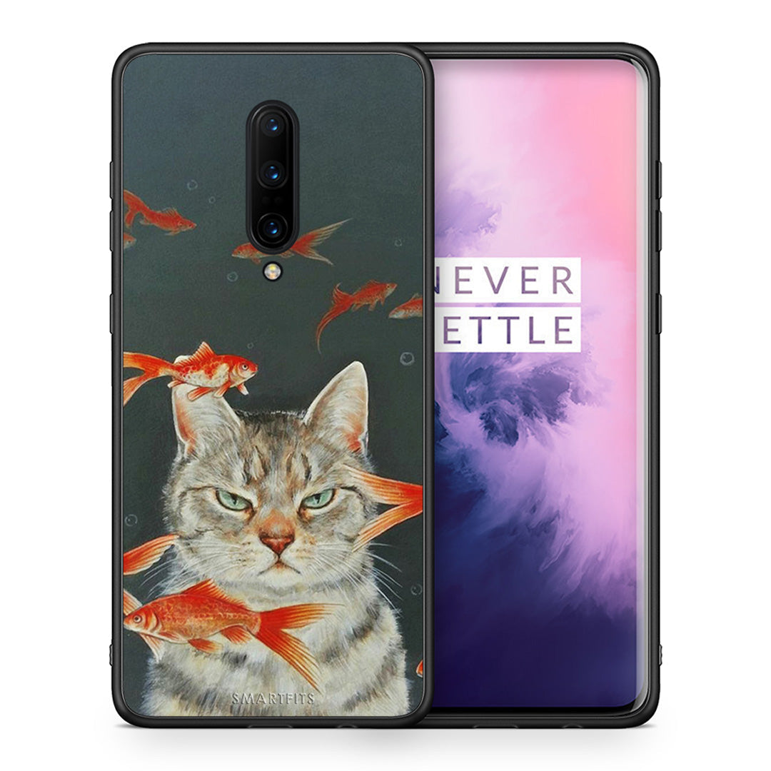Θήκη OnePlus 7 Pro Cat Goldfish από τη Smartfits με σχέδιο στο πίσω μέρος και μαύρο περίβλημα | OnePlus 7 Pro Cat Goldfish case with colorful back and black bezels