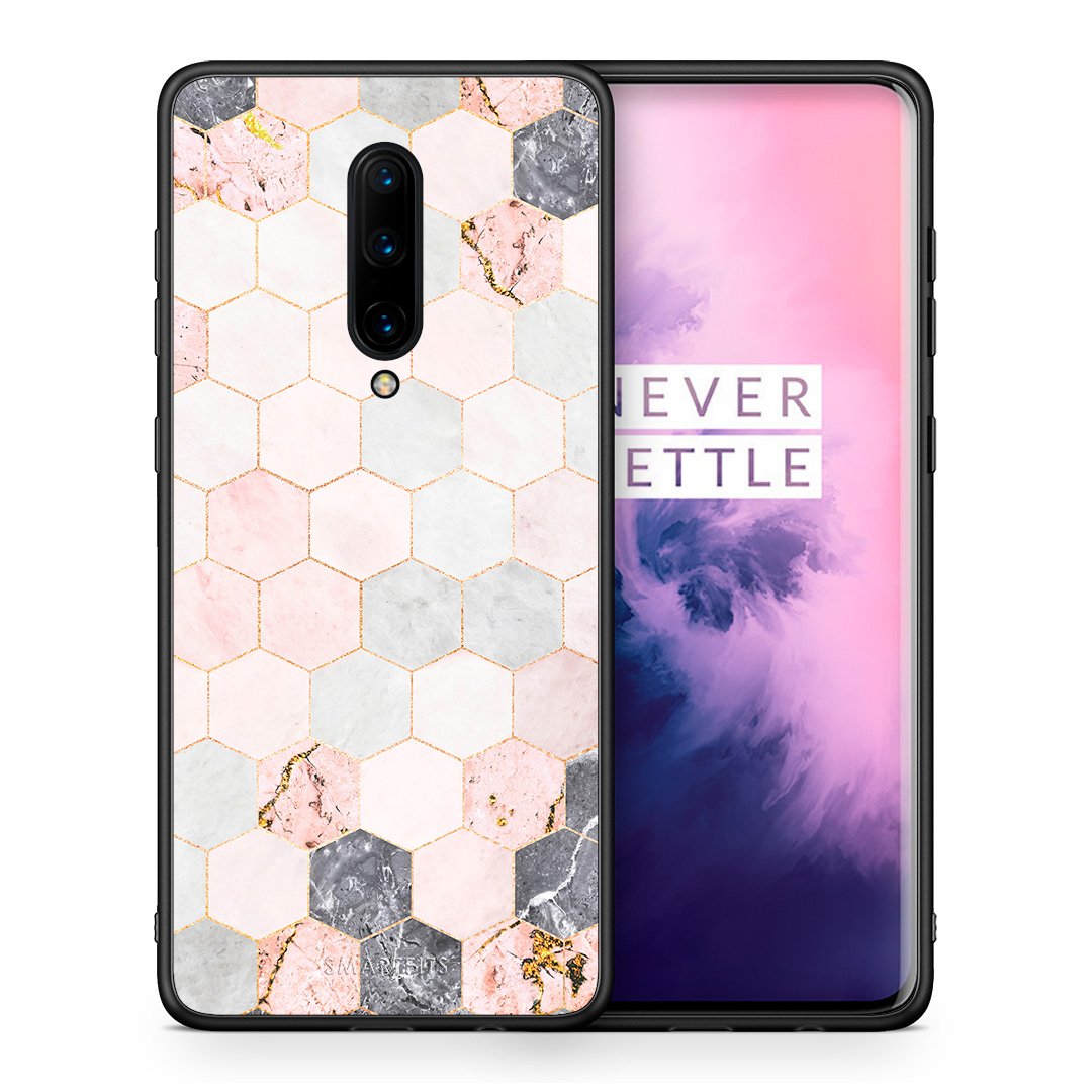 Θήκη OnePlus 7 Pro Hexagon Pink Marble από τη Smartfits με σχέδιο στο πίσω μέρος και μαύρο περίβλημα | OnePlus 7 Pro Hexagon Pink Marble case with colorful back and black bezels