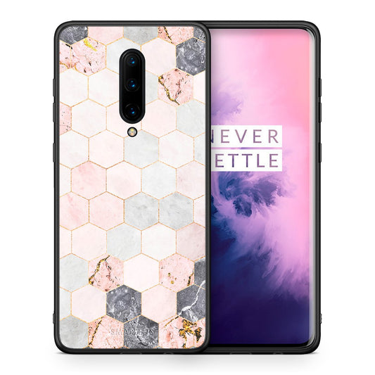 Θήκη OnePlus 7 Pro Hexagon Pink Marble από τη Smartfits με σχέδιο στο πίσω μέρος και μαύρο περίβλημα | OnePlus 7 Pro Hexagon Pink Marble case with colorful back and black bezels