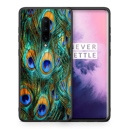 Θήκη OnePlus 7 Pro Real Peacock Feathers από τη Smartfits με σχέδιο στο πίσω μέρος και μαύρο περίβλημα | OnePlus 7 Pro Real Peacock Feathers case with colorful back and black bezels
