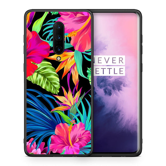 Θήκη OnePlus 7 Pro Tropical Flowers από τη Smartfits με σχέδιο στο πίσω μέρος και μαύρο περίβλημα | OnePlus 7 Pro Tropical Flowers case with colorful back and black bezels