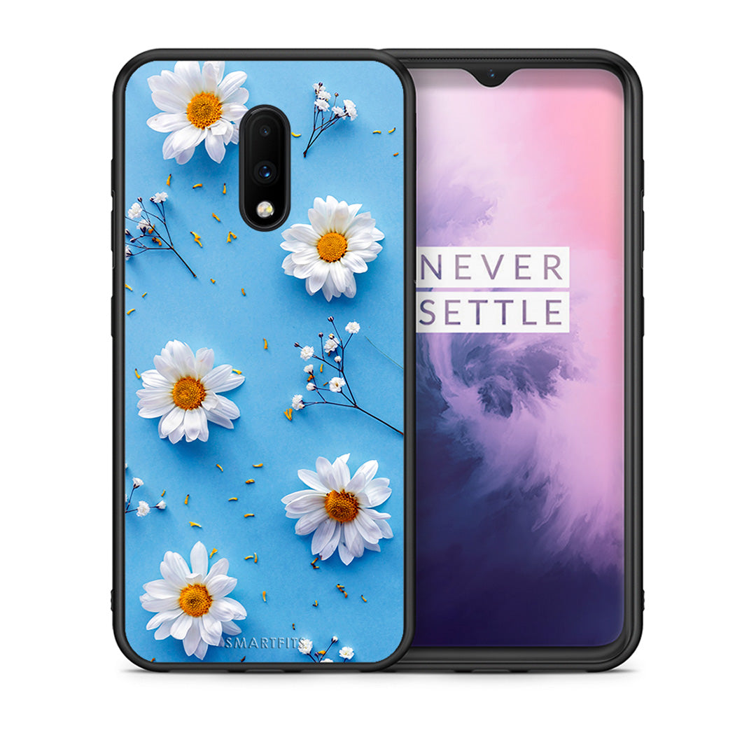 Θήκη OnePlus 7 Real Daisies από τη Smartfits με σχέδιο στο πίσω μέρος και μαύρο περίβλημα | OnePlus 7 Real Daisies case with colorful back and black bezels