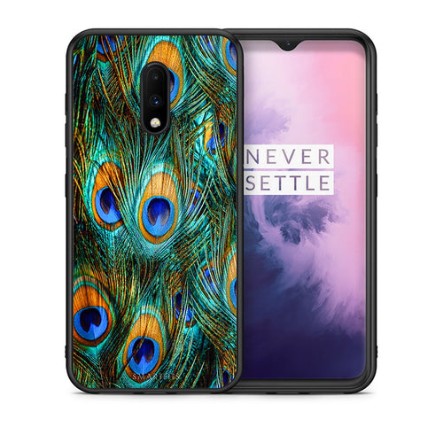 Θήκη OnePlus 7 Real Peacock Feathers από τη Smartfits με σχέδιο στο πίσω μέρος και μαύρο περίβλημα | OnePlus 7 Real Peacock Feathers case with colorful back and black bezels