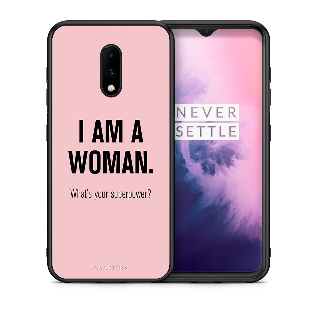Θήκη OnePlus 7 Superpower Woman από τη Smartfits με σχέδιο στο πίσω μέρος και μαύρο περίβλημα | OnePlus 7 Superpower Woman case with colorful back and black bezels