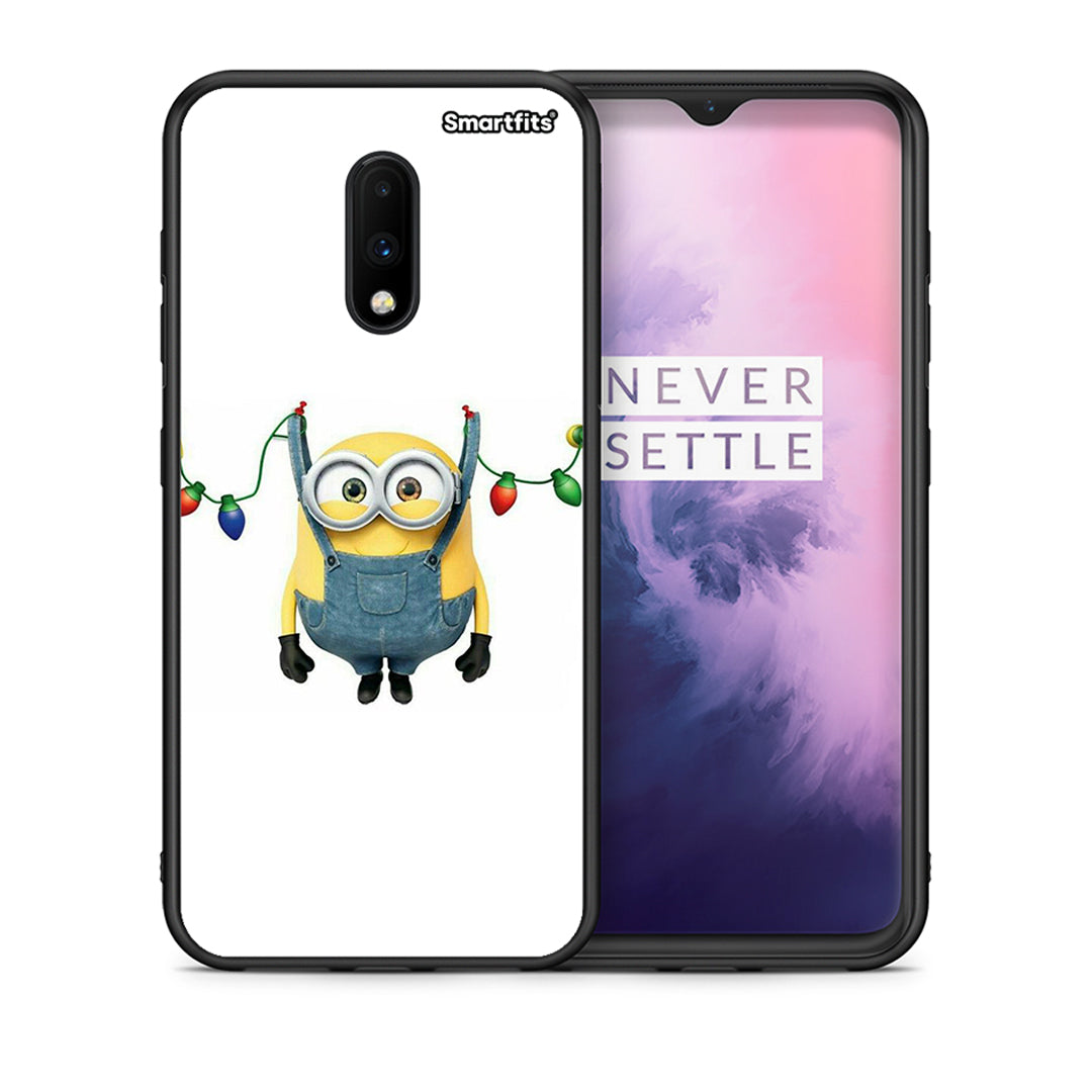 Θήκη OnePlus 7 Xmas Minion Lights από τη Smartfits με σχέδιο στο πίσω μέρος και μαύρο περίβλημα | OnePlus 7 Xmas Minion Lights case with colorful back and black bezels