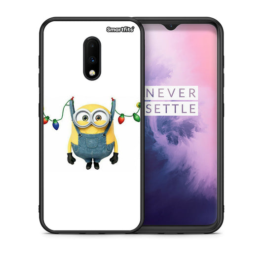 Θήκη OnePlus 7 Xmas Minion Lights από τη Smartfits με σχέδιο στο πίσω μέρος και μαύρο περίβλημα | OnePlus 7 Xmas Minion Lights case with colorful back and black bezels