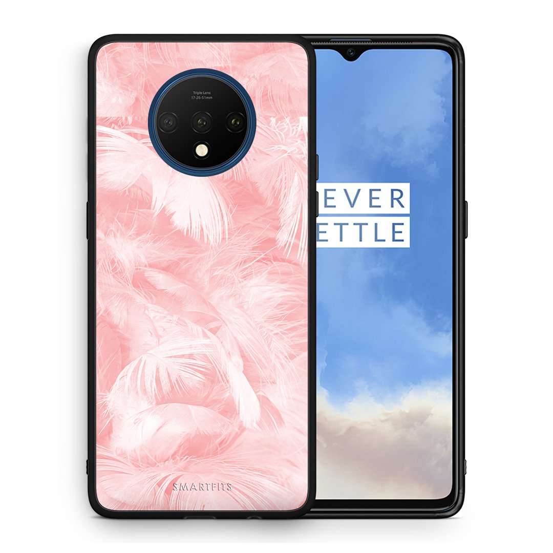 Θήκη OnePlus 7T Pink Feather Boho από τη Smartfits με σχέδιο στο πίσω μέρος και μαύρο περίβλημα | OnePlus 7T Pink Feather Boho case with colorful back and black bezels