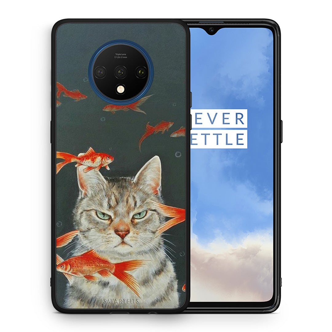 Θήκη OnePlus 7T Cat Goldfish από τη Smartfits με σχέδιο στο πίσω μέρος και μαύρο περίβλημα | OnePlus 7T Cat Goldfish case with colorful back and black bezels