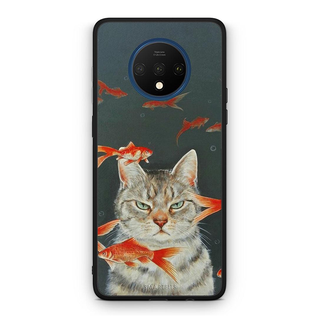 OnePlus 7T Cat Goldfish θήκη από τη Smartfits με σχέδιο στο πίσω μέρος και μαύρο περίβλημα | Smartphone case with colorful back and black bezels by Smartfits