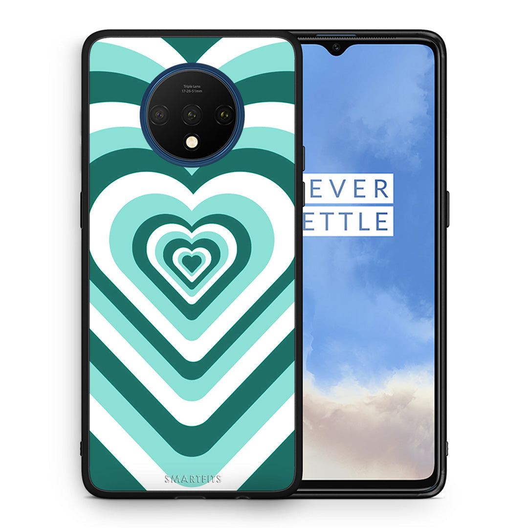 Θήκη OnePlus 7T Green Hearts από τη Smartfits με σχέδιο στο πίσω μέρος και μαύρο περίβλημα | OnePlus 7T Green Hearts case with colorful back and black bezels