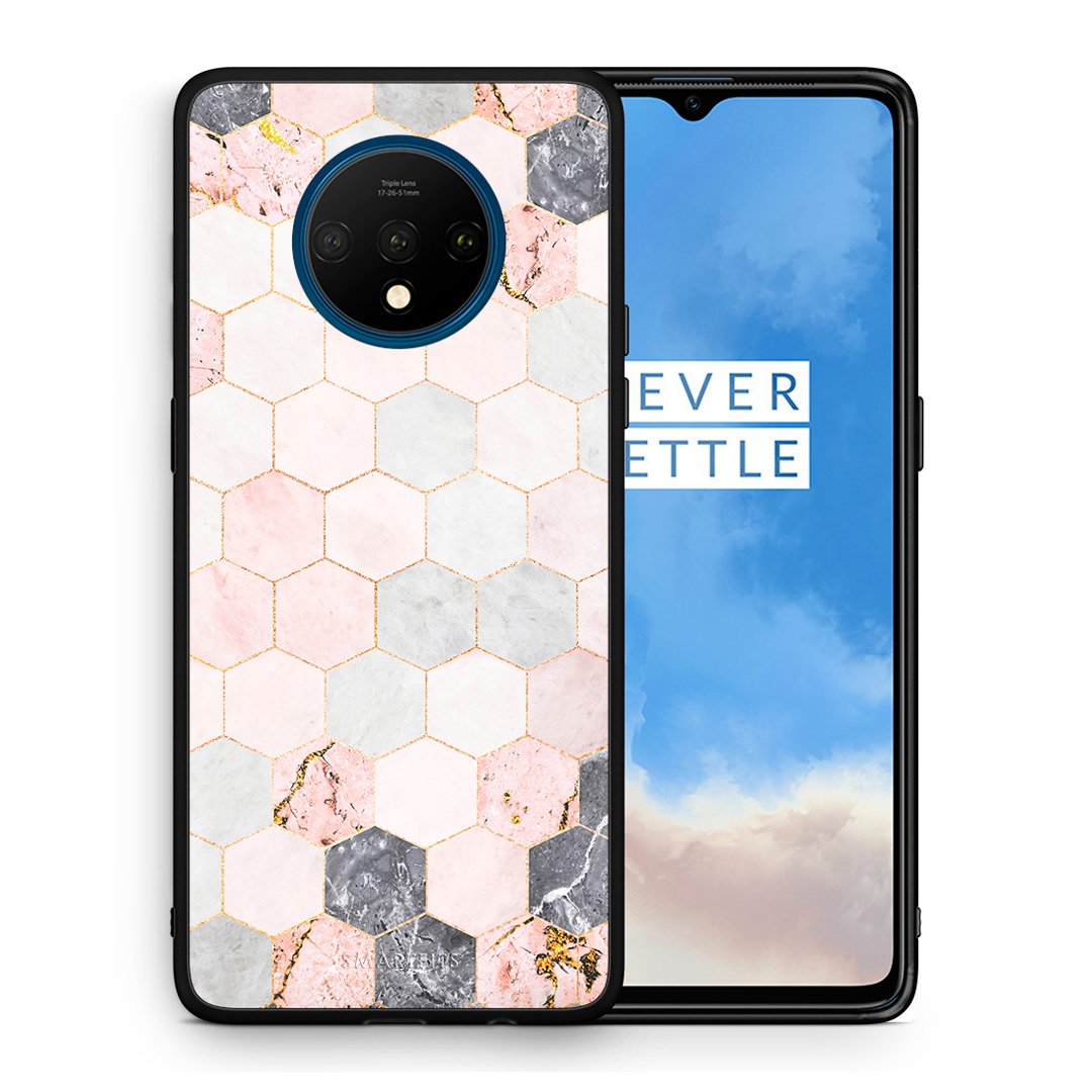 Θήκη OnePlus 7T Hexagon Pink Marble από τη Smartfits με σχέδιο στο πίσω μέρος και μαύρο περίβλημα | OnePlus 7T Hexagon Pink Marble case with colorful back and black bezels