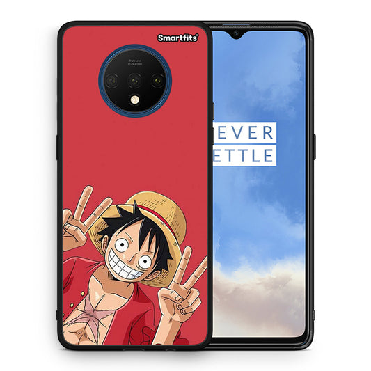 Θήκη OnePlus 7T Pirate Luffy από τη Smartfits με σχέδιο στο πίσω μέρος και μαύρο περίβλημα | OnePlus 7T Pirate Luffy case with colorful back and black bezels