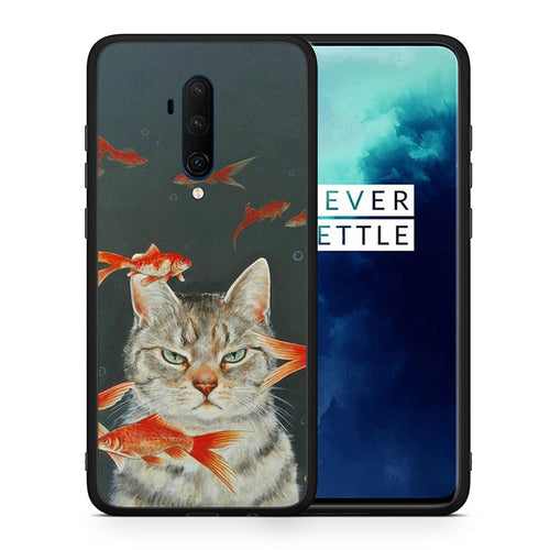 Θήκη OnePlus 7T Pro Cat Goldfish από τη Smartfits με σχέδιο στο πίσω μέρος και μαύρο περίβλημα | OnePlus 7T Pro Cat Goldfish case with colorful back and black bezels