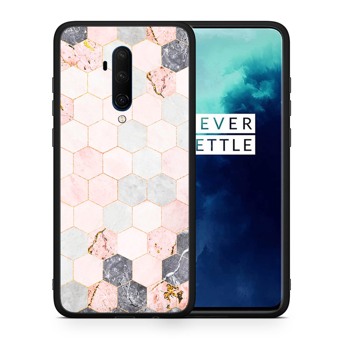 Θήκη OnePlus 7T Pro Hexagon Pink Marble από τη Smartfits με σχέδιο στο πίσω μέρος και μαύρο περίβλημα | OnePlus 7T Pro Hexagon Pink Marble case with colorful back and black bezels