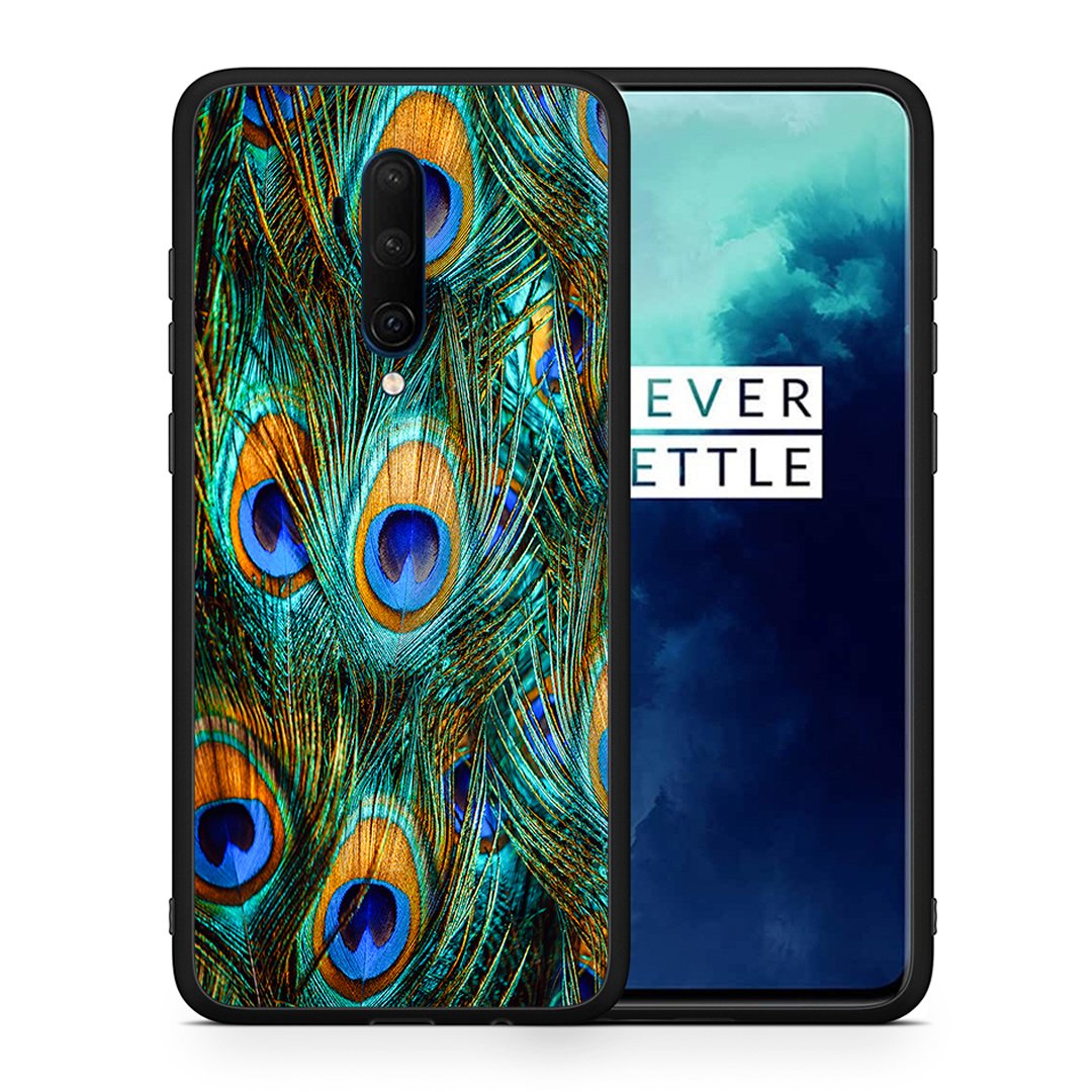 Θήκη OnePlus 7T Pro Real Peacock Feathers από τη Smartfits με σχέδιο στο πίσω μέρος και μαύρο περίβλημα | OnePlus 7T Pro Real Peacock Feathers case with colorful back and black bezels
