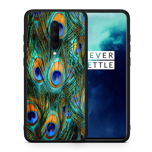 Θήκη OnePlus 7T Pro Real Peacock Feathers από τη Smartfits με σχέδιο στο πίσω μέρος και μαύρο περίβλημα | OnePlus 7T Pro Real Peacock Feathers case with colorful back and black bezels