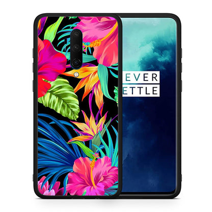 Θήκη OnePlus 7T Pro Tropical Flowers από τη Smartfits με σχέδιο στο πίσω μέρος και μαύρο περίβλημα | OnePlus 7T Pro Tropical Flowers case with colorful back and black bezels
