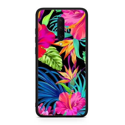 OnePlus 7T Pro Tropical Flowers θήκη από τη Smartfits με σχέδιο στο πίσω μέρος και μαύρο περίβλημα | Smartphone case with colorful back and black bezels by Smartfits