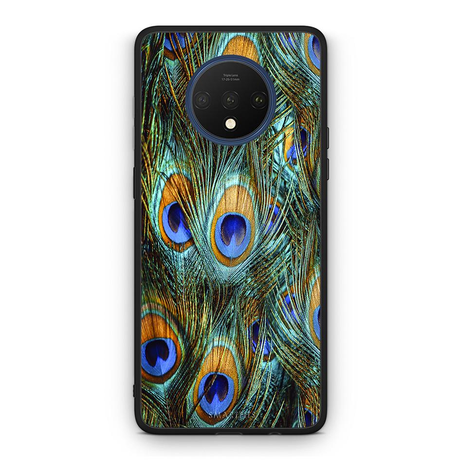 OnePlus 7T Real Peacock Feathers θήκη από τη Smartfits με σχέδιο στο πίσω μέρος και μαύρο περίβλημα | Smartphone case with colorful back and black bezels by Smartfits