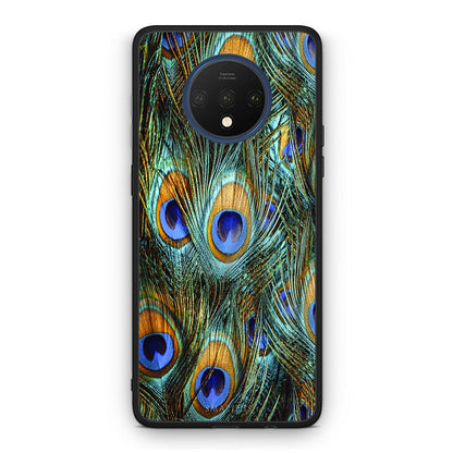 OnePlus 7T Real Peacock Feathers θήκη από τη Smartfits με σχέδιο στο πίσω μέρος και μαύρο περίβλημα | Smartphone case with colorful back and black bezels by Smartfits
