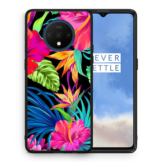 Θήκη OnePlus 7T Tropical Flowers από τη Smartfits με σχέδιο στο πίσω μέρος και μαύρο περίβλημα | OnePlus 7T Tropical Flowers case with colorful back and black bezels